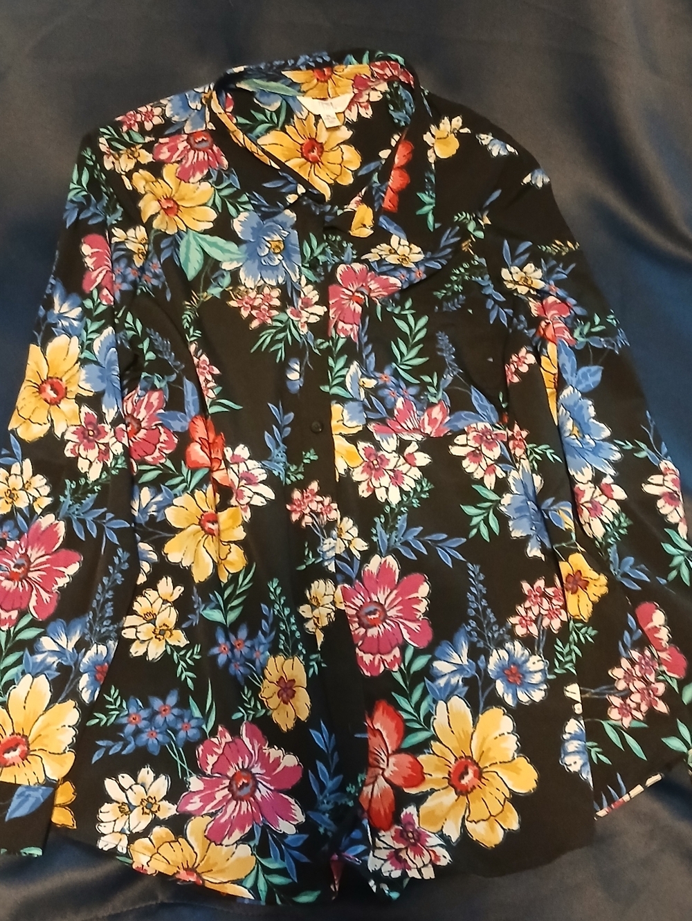 Time and Tru Black Floral Button-Down Shirt with Yellow, Blue & Pink Flowers